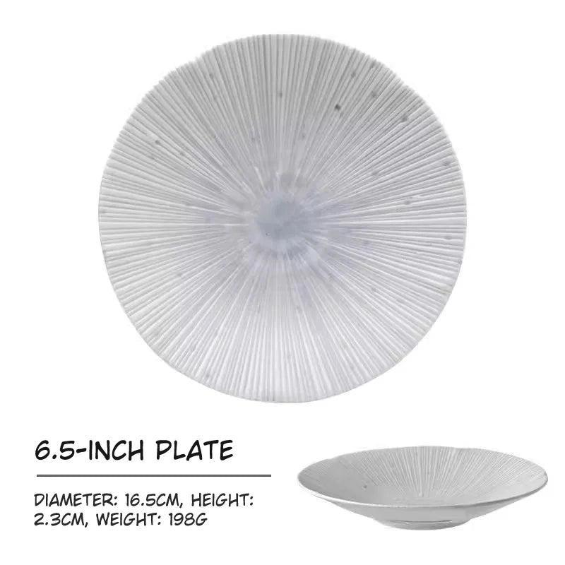 6.5 inch flat plate dimensions: 16.5cm dia, 2.3cm high, 198g weight.