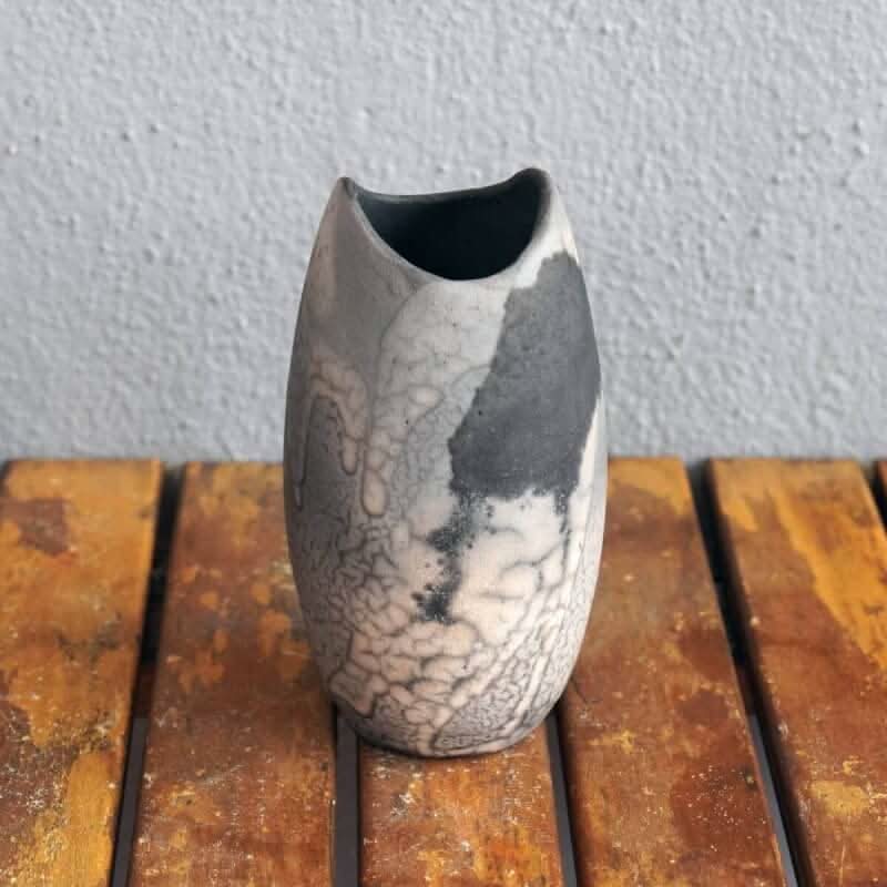 Gray and black ceramic koi vase, handmade, bottle-shaped.