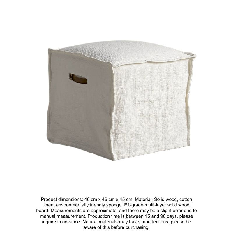 Beige linen square footstool, modern minimalist style.  Square design, simple lines,  high-quality linen fabric.  Neutral beige color.  Living room accent.