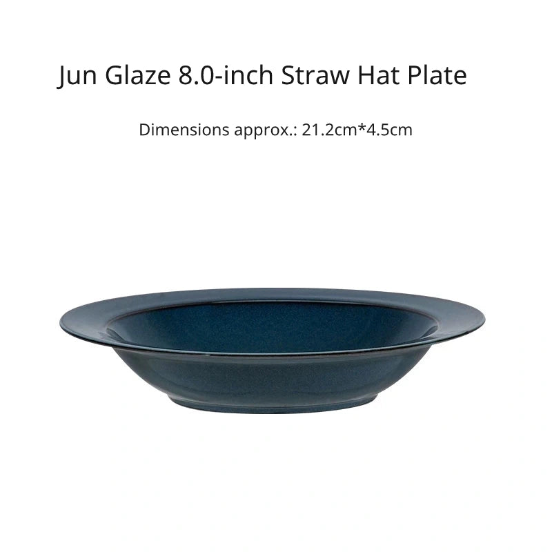 Side profile of an 8.0 inch dark blue ceramic wide-rimmed bowl or shallow serving dish (hat shape).