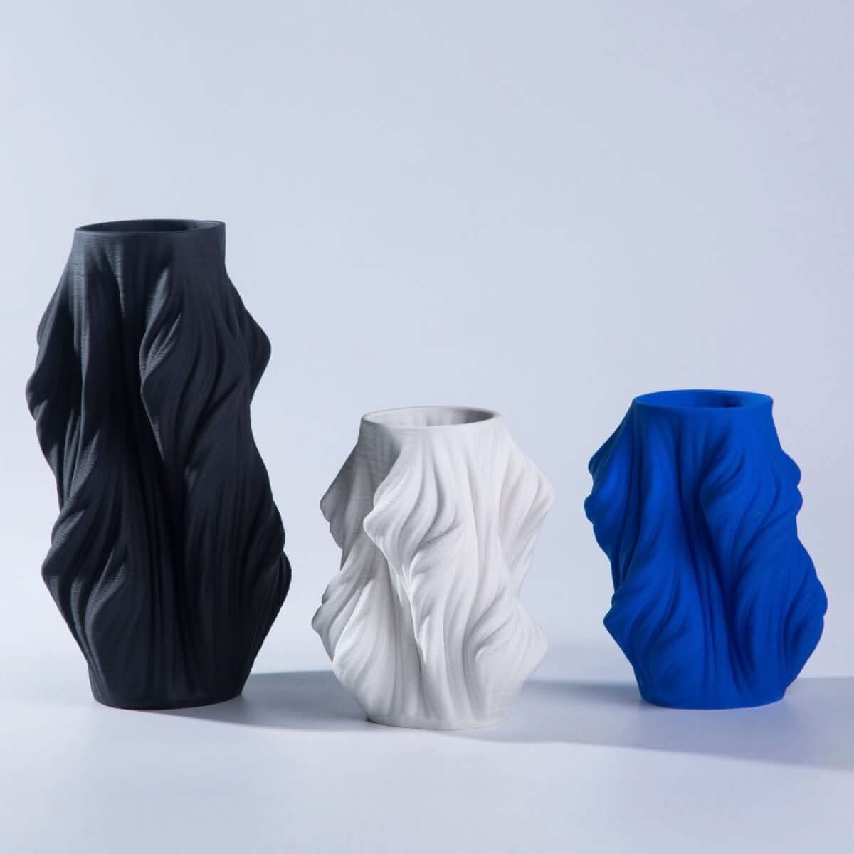 Black, white & blue 3D Printed Vase made of ceramic, draped fabric design home decor.