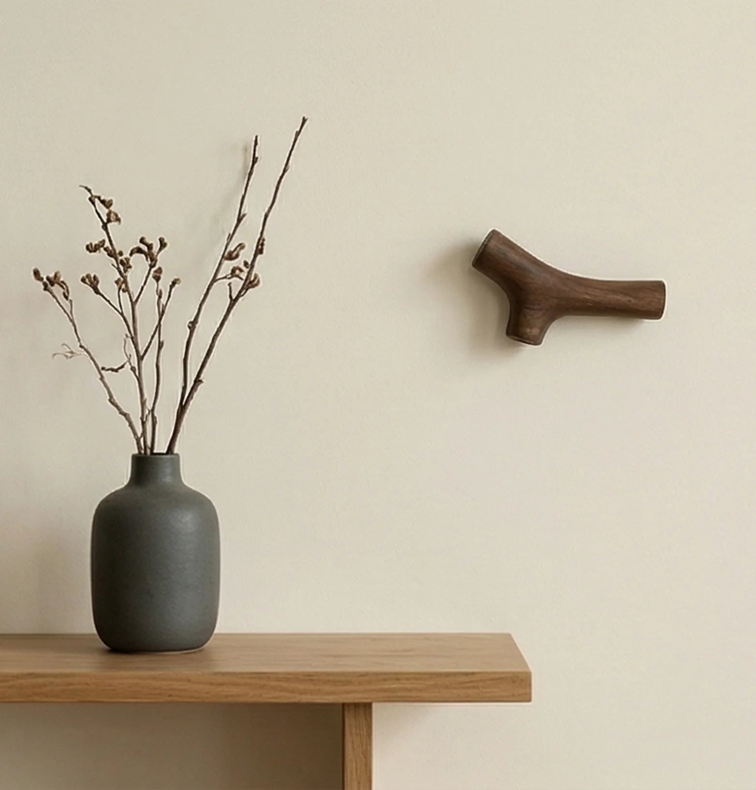 Solid Wood Branch Wall Hook - Rustic Natural Design for Clothes & Accessories — ambient room context on shelf in soft natural light