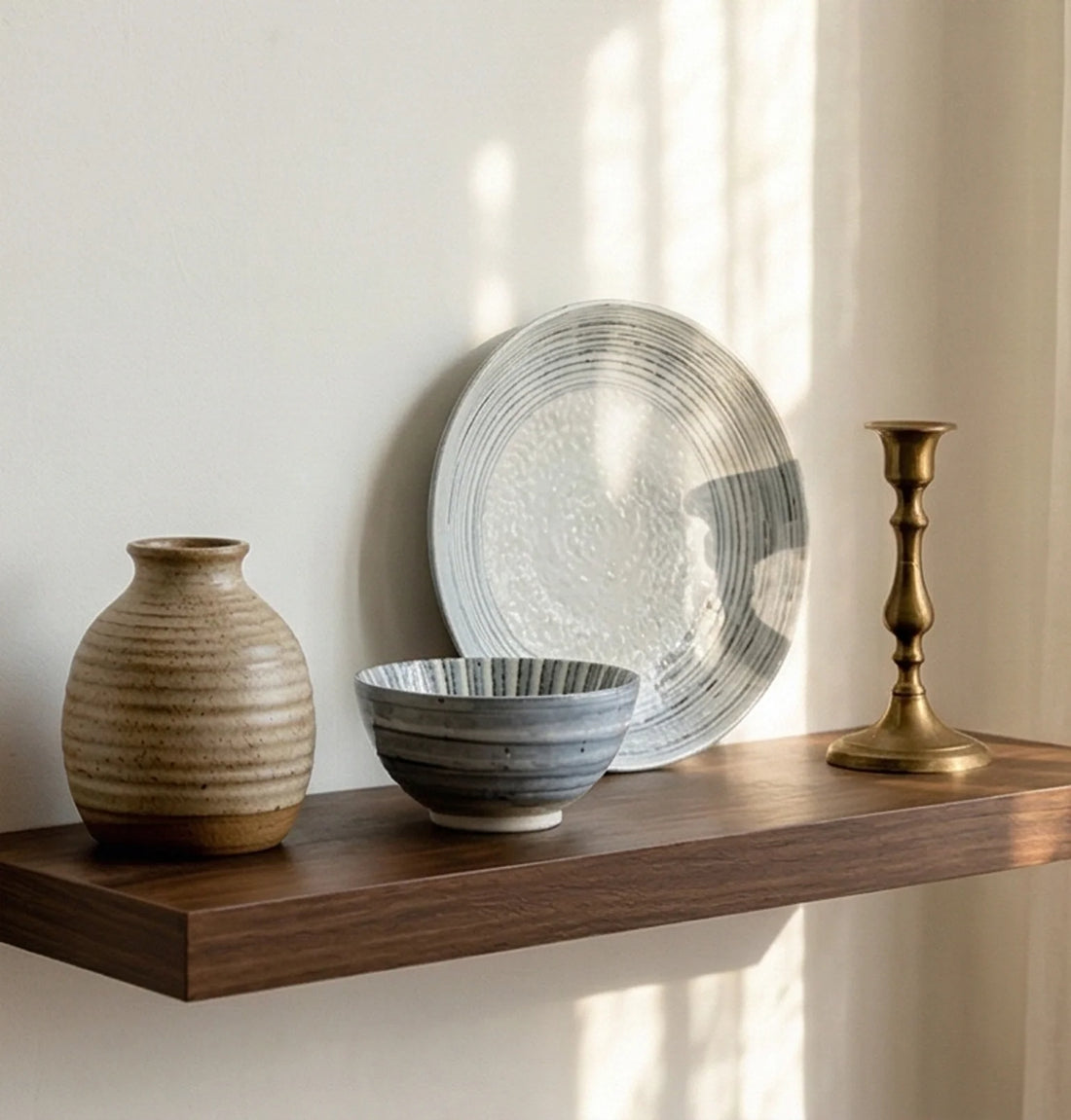 Japanese Style Ceramic Tableware Set - Shino/Wabi-sabi Bowls and Plates — ambient room context on shelf in soft natural light