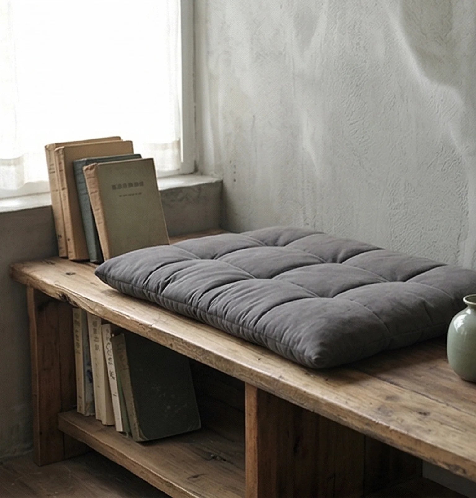 Quilted Linen Bay Window Cushion Mattress for Living Room — ambient room context on shelf in soft natural light