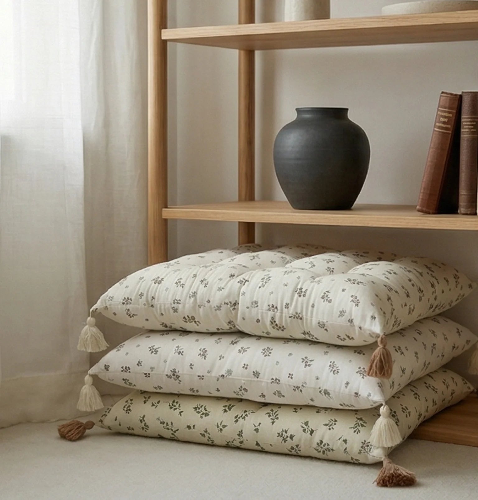 Milky Garden Floral Pattern Soft Cushion/Floor Mat for Kids Room — ambient room context on shelf in soft natural light
