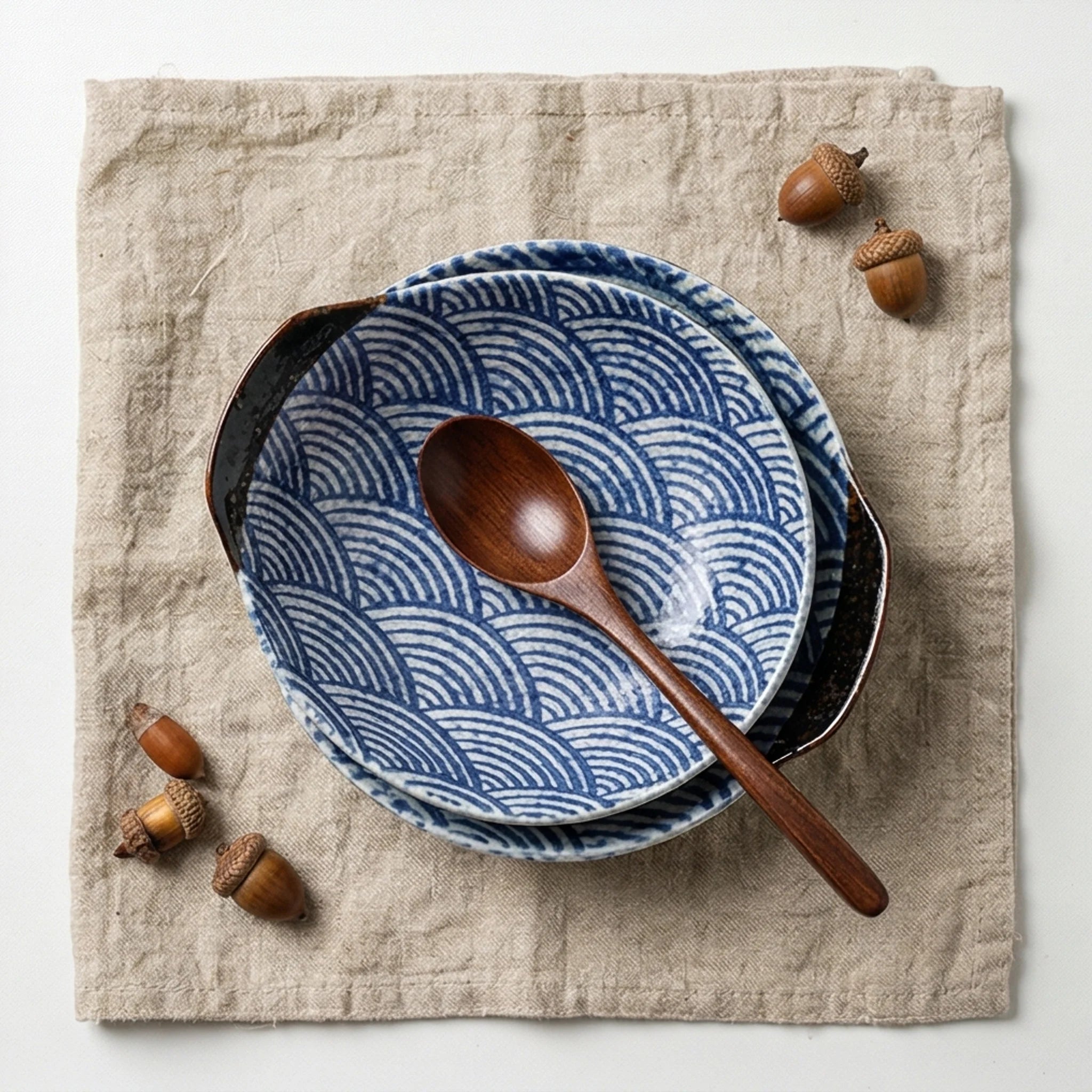 Japanese Style Ceramic Plate Bowl Set - Blue Wave Pattern Tableware — overhead flat-lay on linen surface