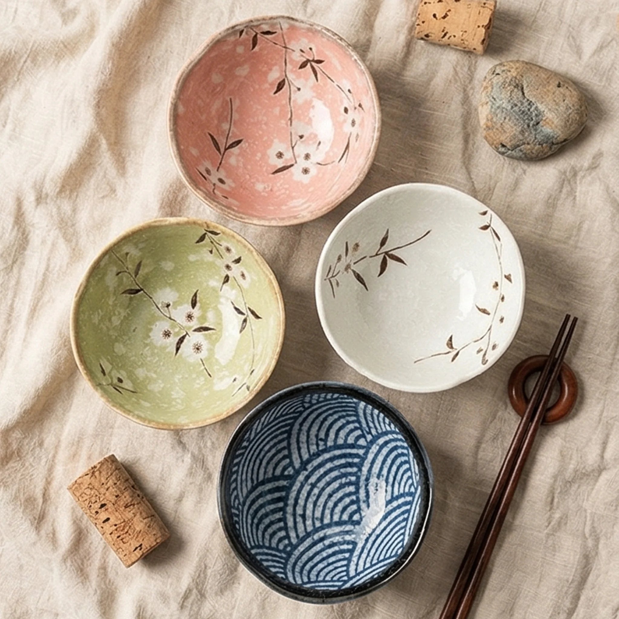Japanese Style Ceramic Rice Bowls Set of 4 - Hand-Painted Floral & Wave Patterns — overhead flat-lay on linen surface