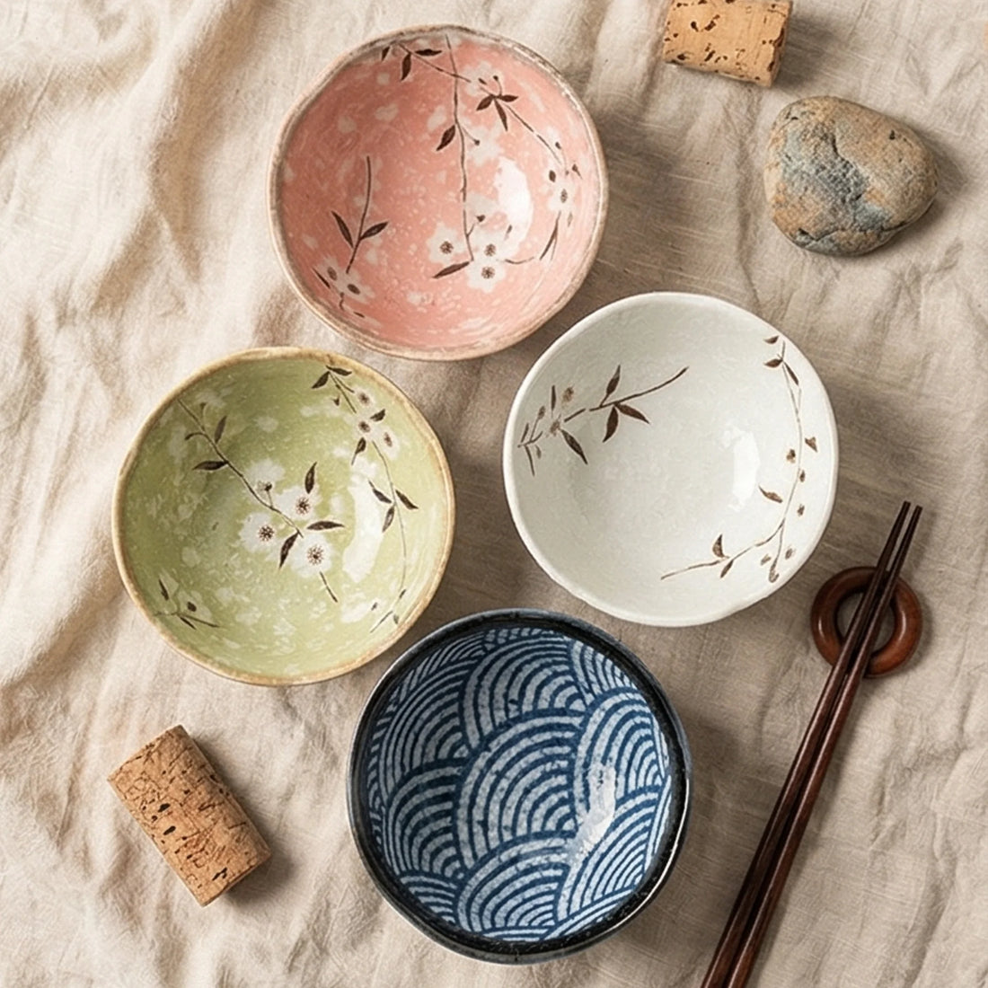 Japanese Style Ceramic Rice Bowls Set of 4 - Hand-Painted Floral & Wave Patterns — overhead flat-lay on linen surface