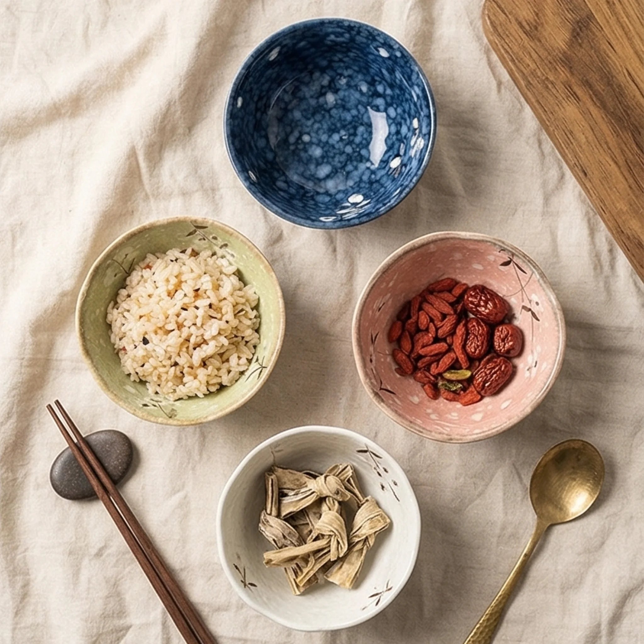 Japanese Style Ceramic Rice Bowls Set - Hand-Painted Floral & Wave Patterns — overhead flat-lay on linen surface