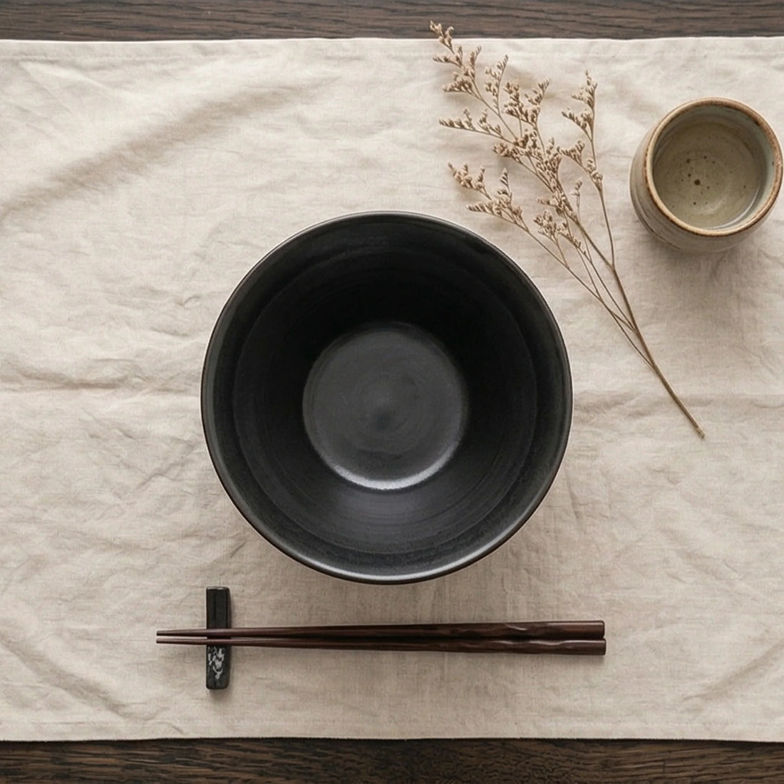 Japanese Mino Ware Ceramic Ramen Bowl with Underglaze Pattern - Large Soup/Noodle Bowl — overhead flat-lay on linen surface