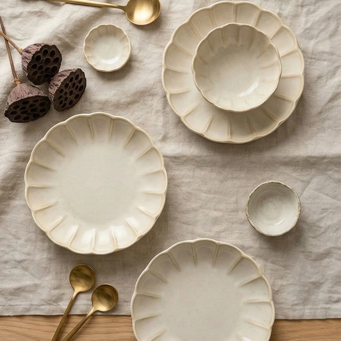 Scalloped Edge Ceramic Plate | Japanese Style Underglaze Fruit & Salad Dish — overhead flat-lay on linen surface