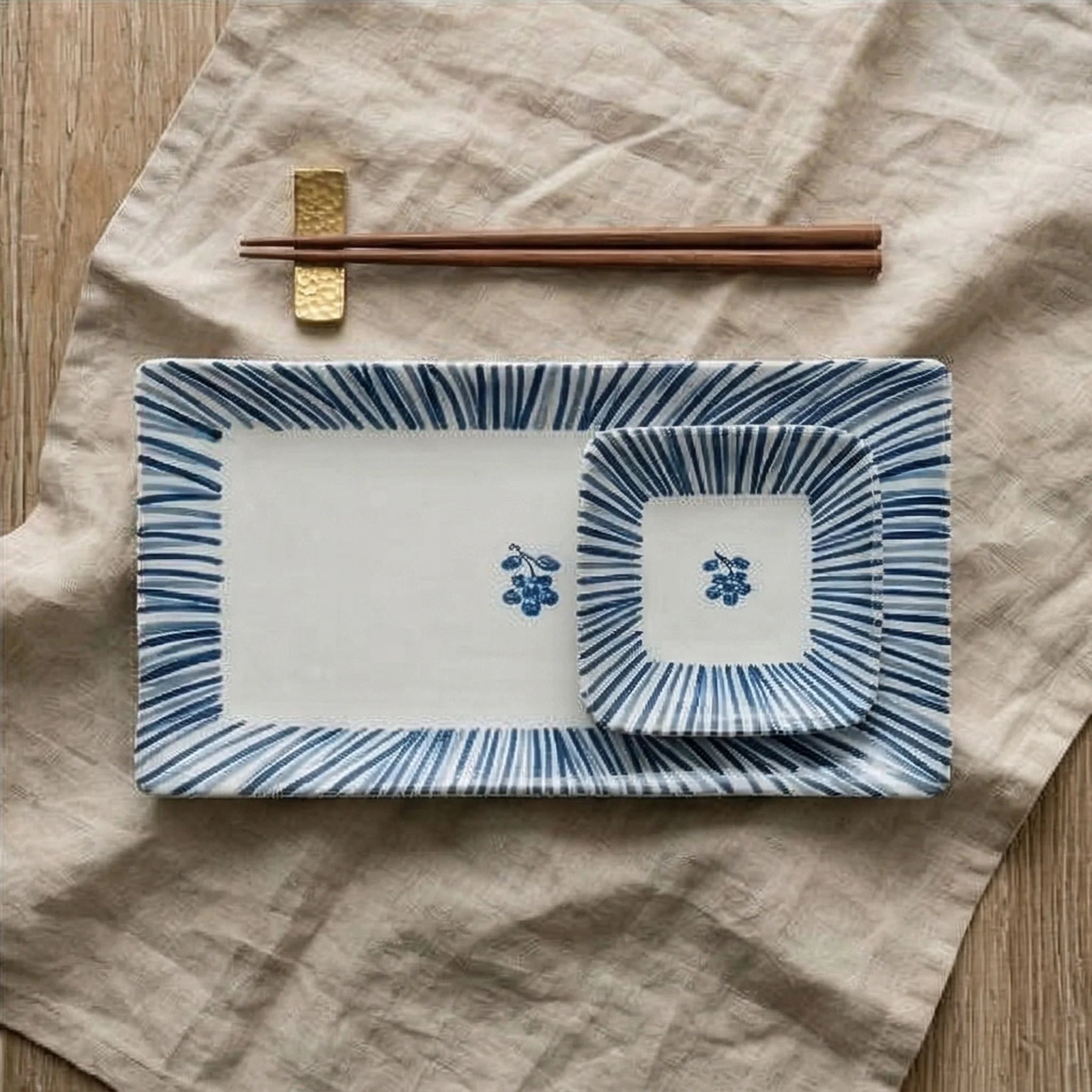 Japanese Style Blue & White Striped Ceramic Dish Set - Rectangular Serving Plates & Saucer — overhead flat-lay on linen surface
