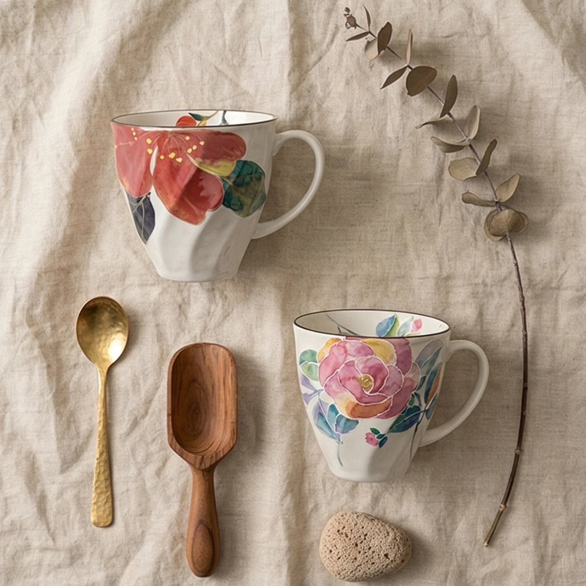 Artistic Floral Ceramic Mug - Underglaze Hand-Painted Style Mug with Unique Faceted Body — overhead flat-lay on linen surface