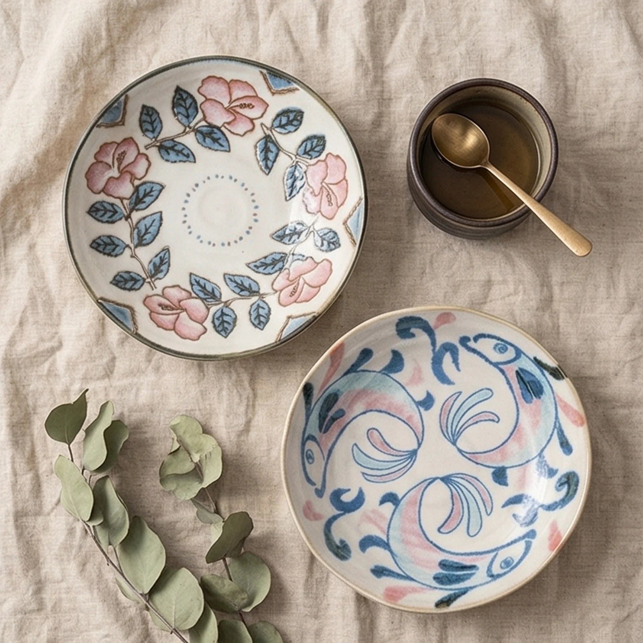 Japanese Style Handmade Ceramic Dinner Plates - Underglaze Painted Floral & Fish Designs — overhead flat-lay on linen surface