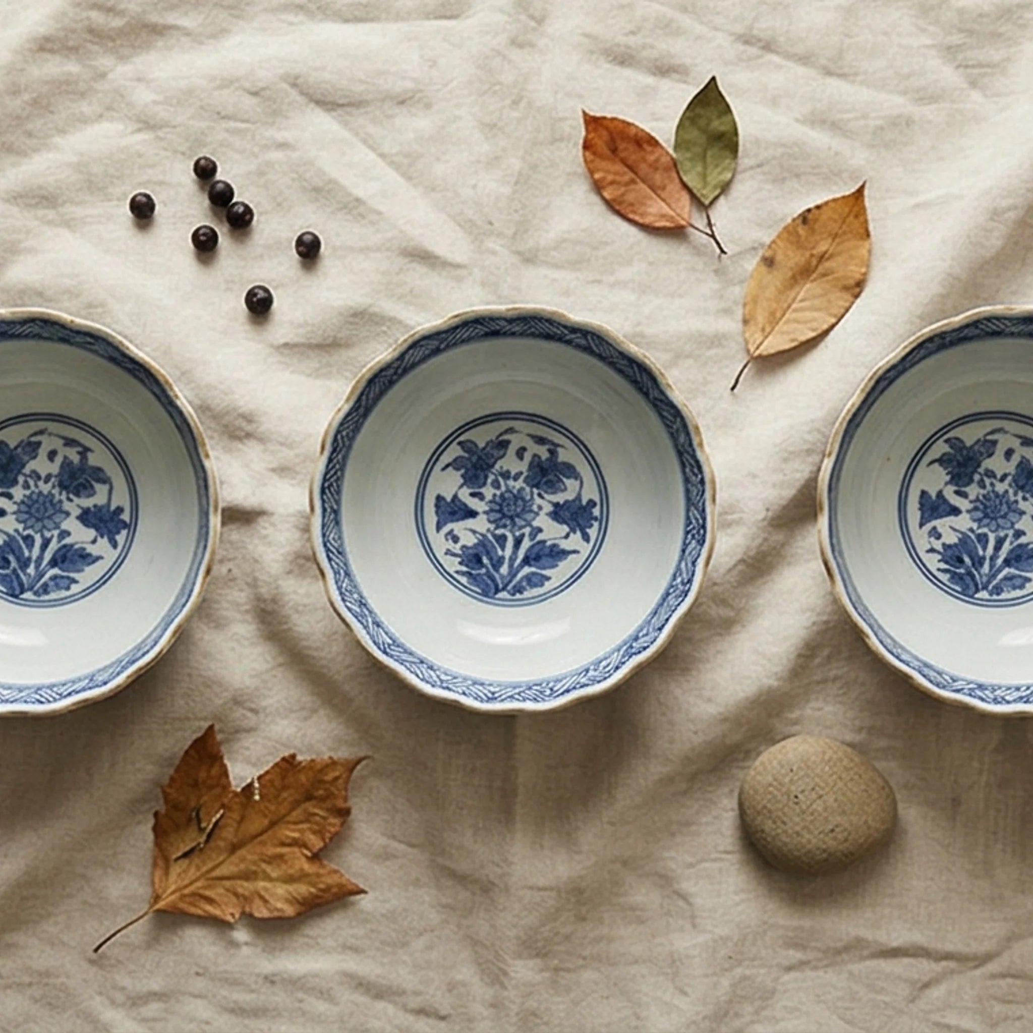 Authentic Japanese Imari Porcelain Rice Bowls Set (5 Pcs) - Scalloped Edge, Hand-Painted Floral — overhead flat-lay on linen surface