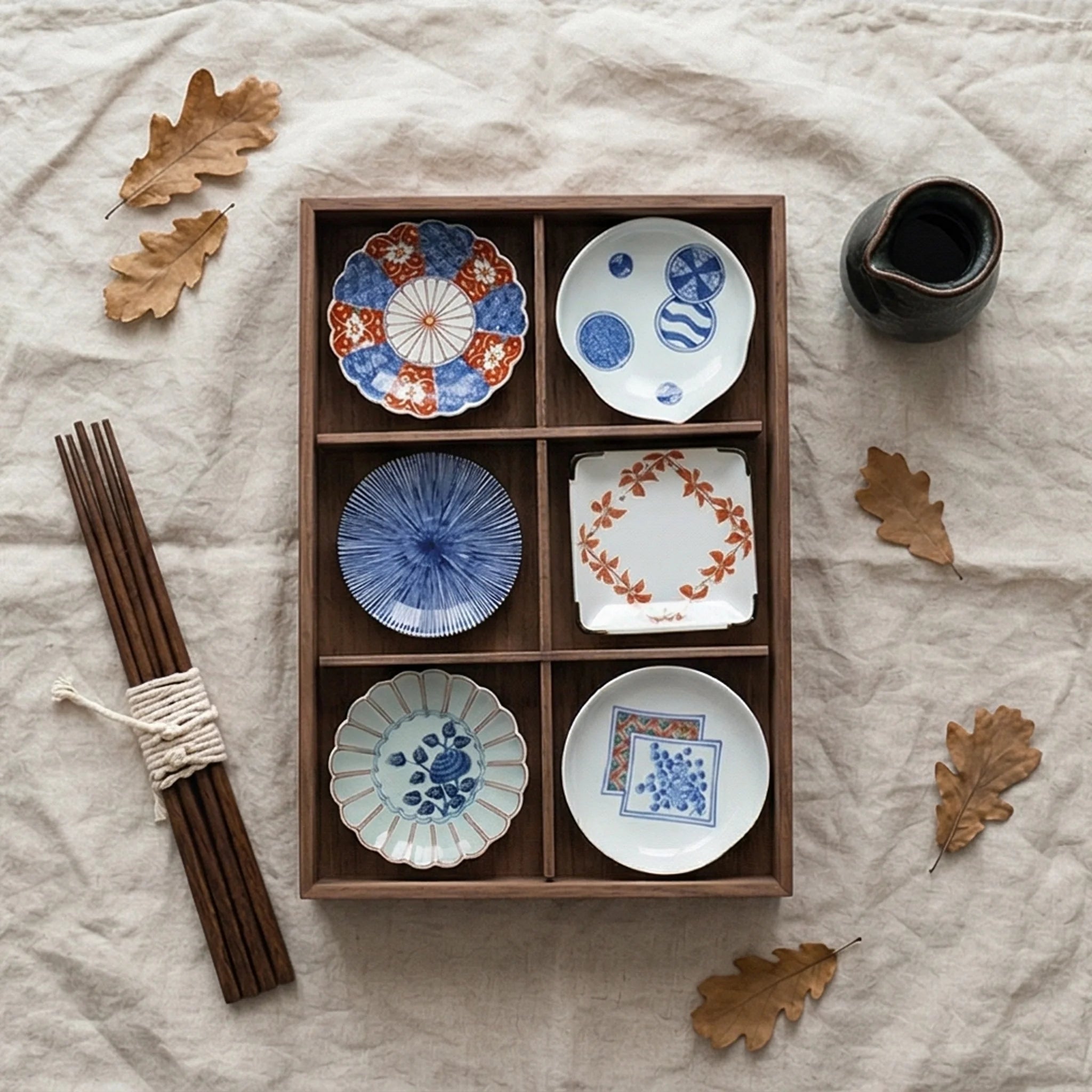 Japanese Arita Ware Ceramic Small Dish Set (6 Pcs) - Kiku Flower Patterned Saucer & Condiment Bowls in Wooden Gift Box — overhead flat-lay on linen surface