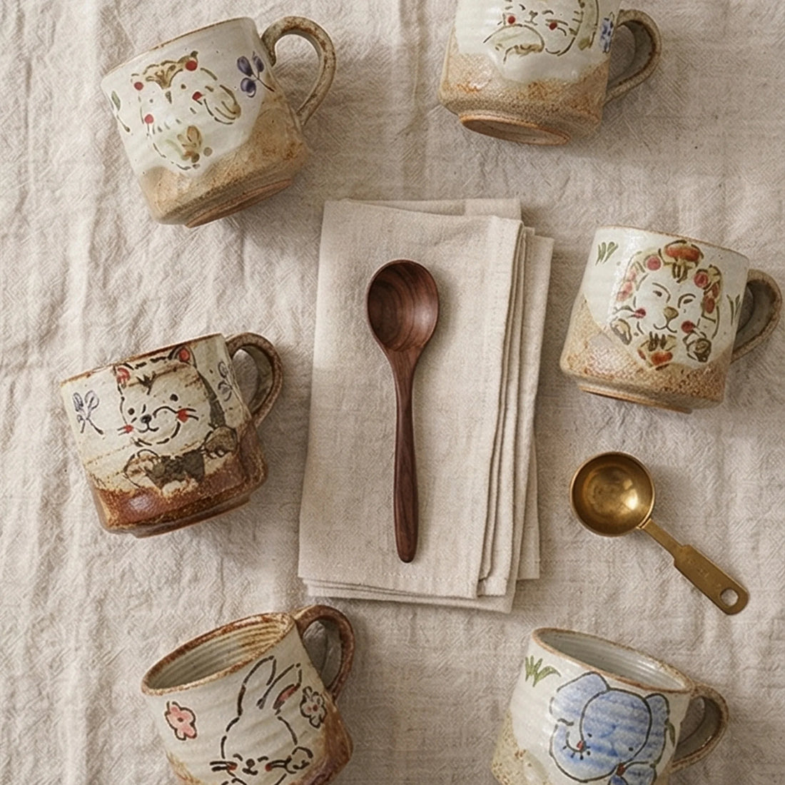 Hand-Painted Ceramic Animal Mugs - Rustic Japanese Style Coffee & Tea Cups — overhead flat-lay on linen surface