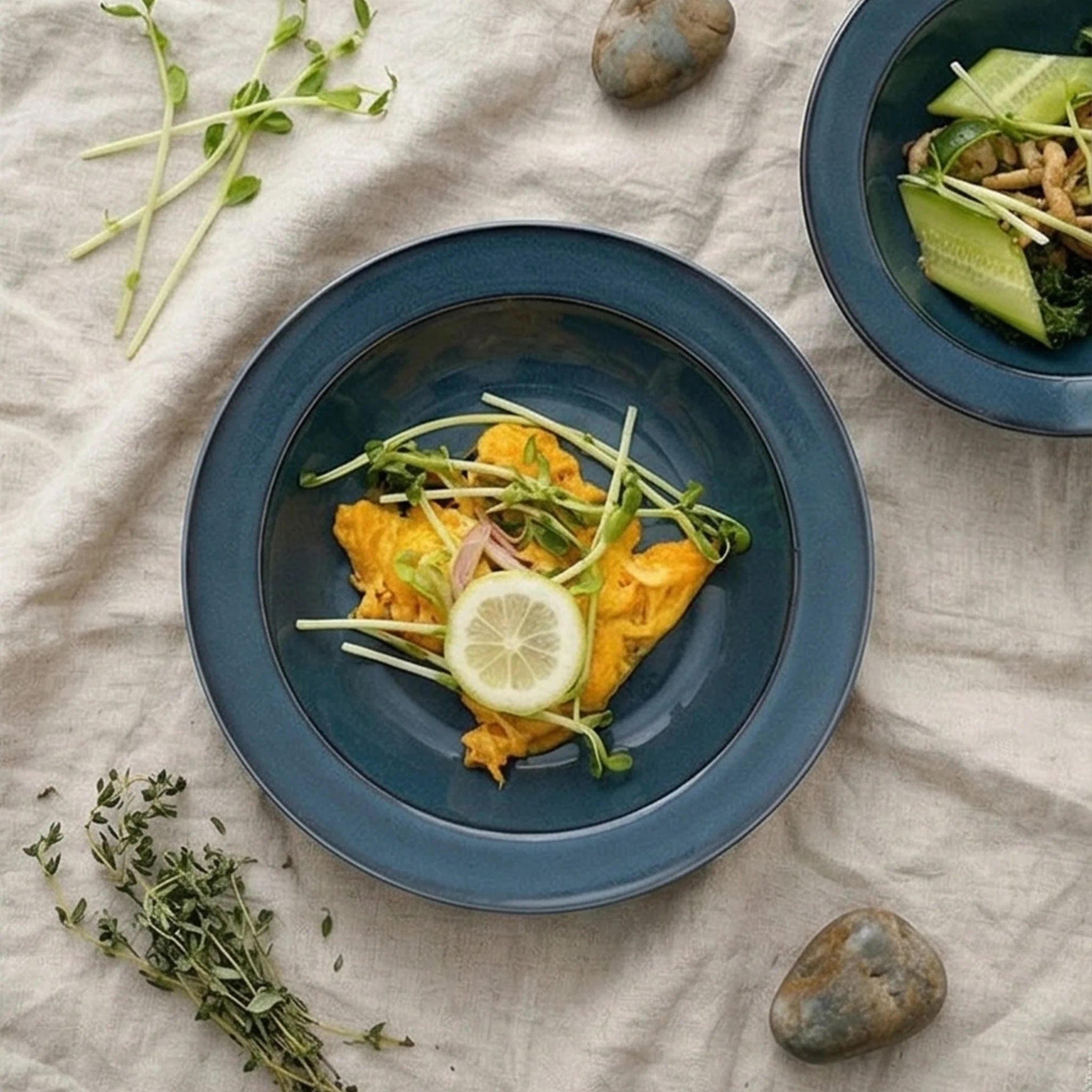Japanese Style Deep Blue Ceramic Dinnerware Set - Underglaze Color Plates & Bowls — overhead flat-lay on linen surface