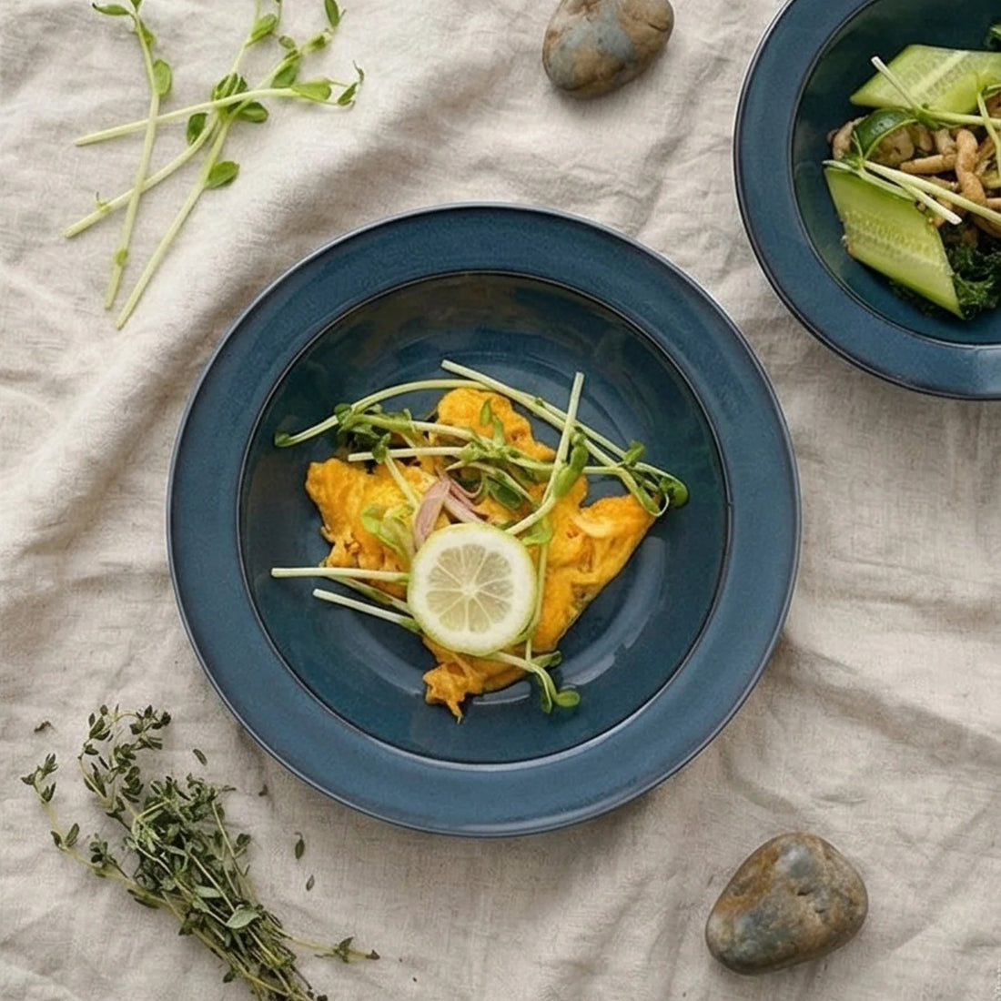 Japanese Style Deep Blue Ceramic Dinnerware Set - Underglaze Color Plates & Bowls — overhead flat-lay on linen surface