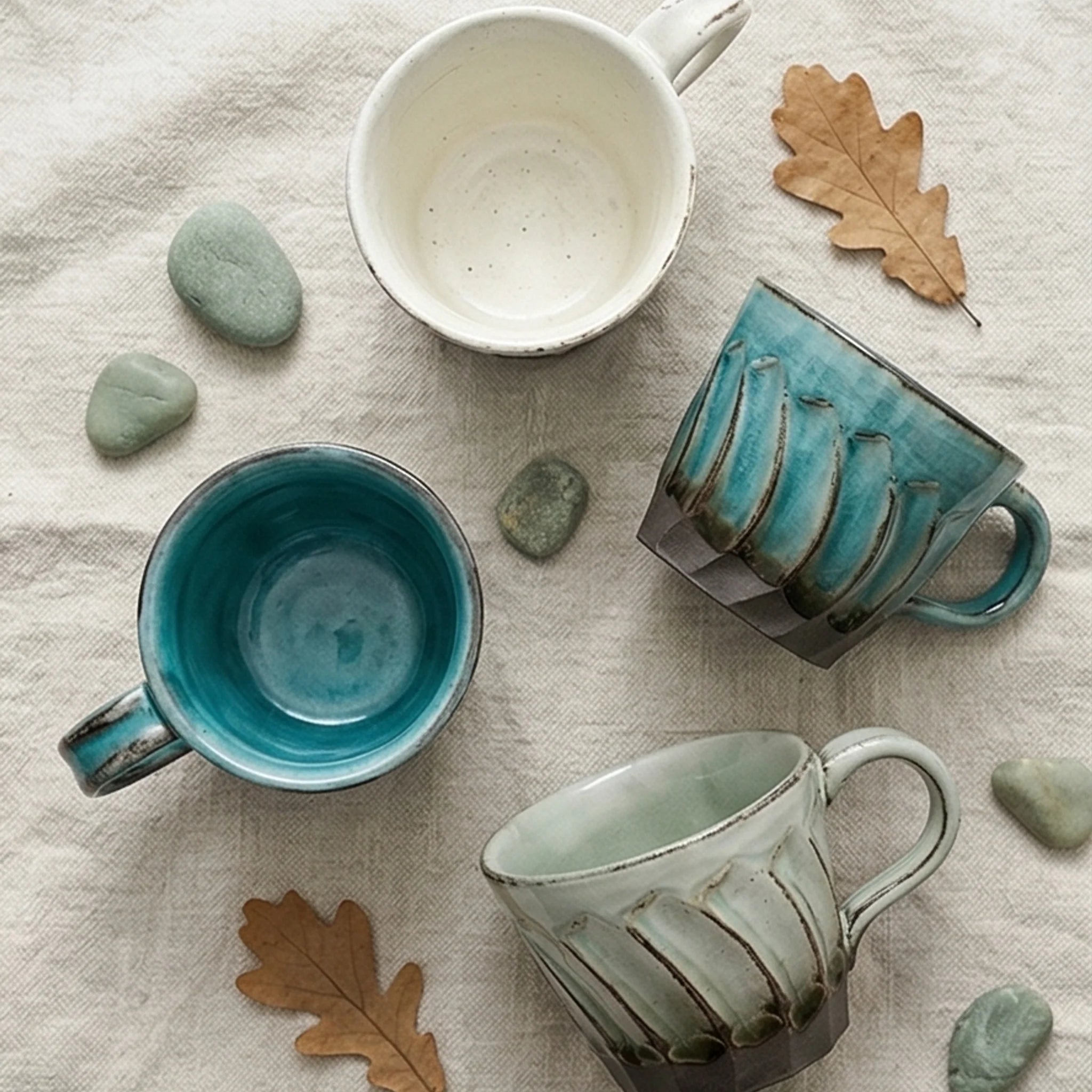 Handcrafted Japanese Ceramic Coffee Cups - Fluted Design, Artisan Glazes (Crane Gray, Peacock Blue, Fairy White) — overhead flat-lay on linen surface