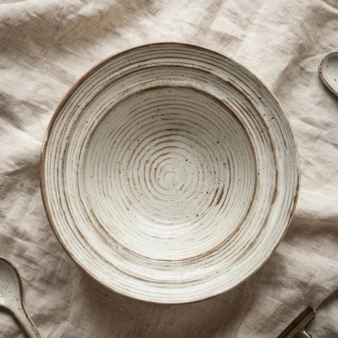 Rustic Handmade Ceramic Bowl with Spiral Texture - Jingdezhen Pottery Dinnerware — overhead flat-lay on linen surface