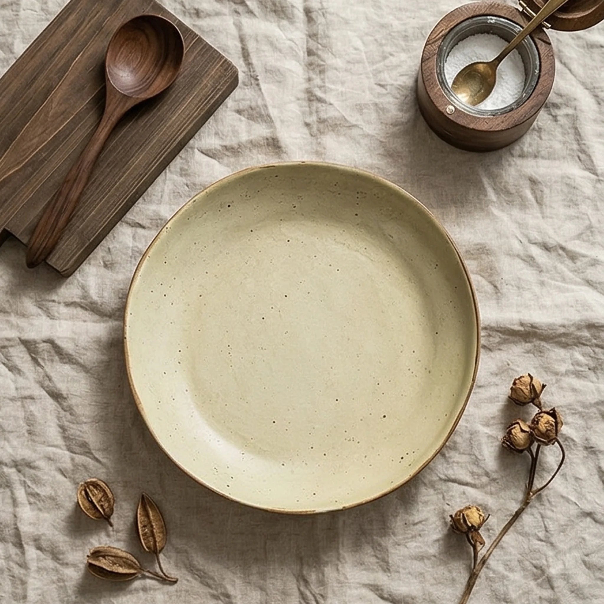 Japanese Retro Rustic Ceramic Deep Plate - 9-Inch Speckled Beige Dinnerware — overhead flat-lay on linen surface