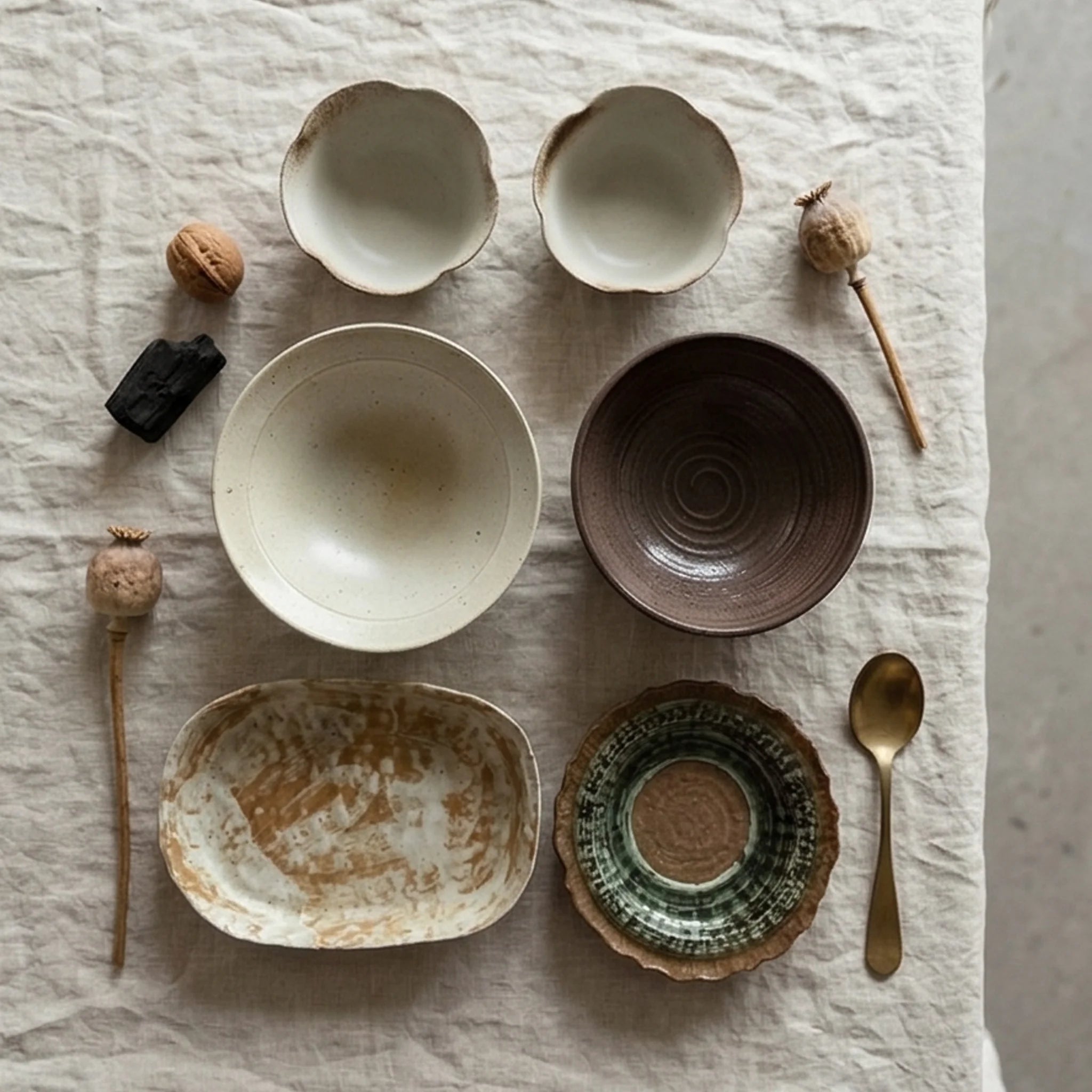 Artisan Handmade Ceramic Dinnerware Set - Rustic Pottery Bowls and Plates with Glaze — overhead flat-lay on linen surface