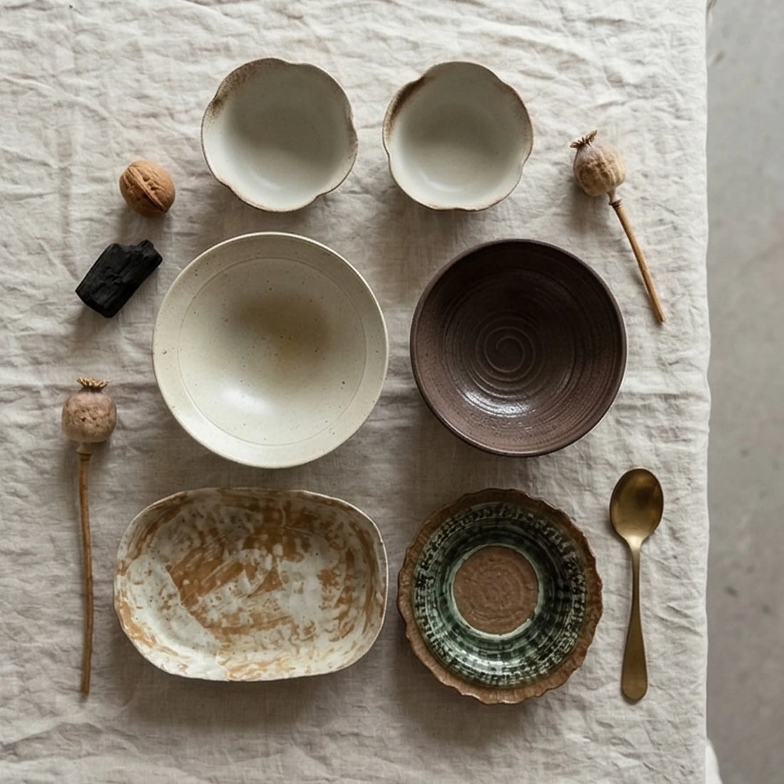 Artisan Handmade Ceramic Dinnerware Set - Rustic Pottery Bowls and Plates with Glaze — overhead flat-lay on linen surface