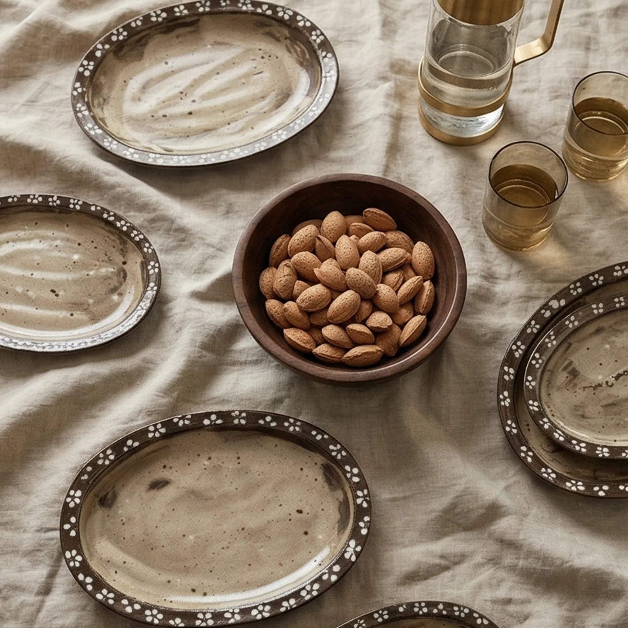 Rustic Handmade Ceramic Oval Serving Platter with White Flower Rim - Japanese Style Dinnerware — overhead flat-lay on linen surface