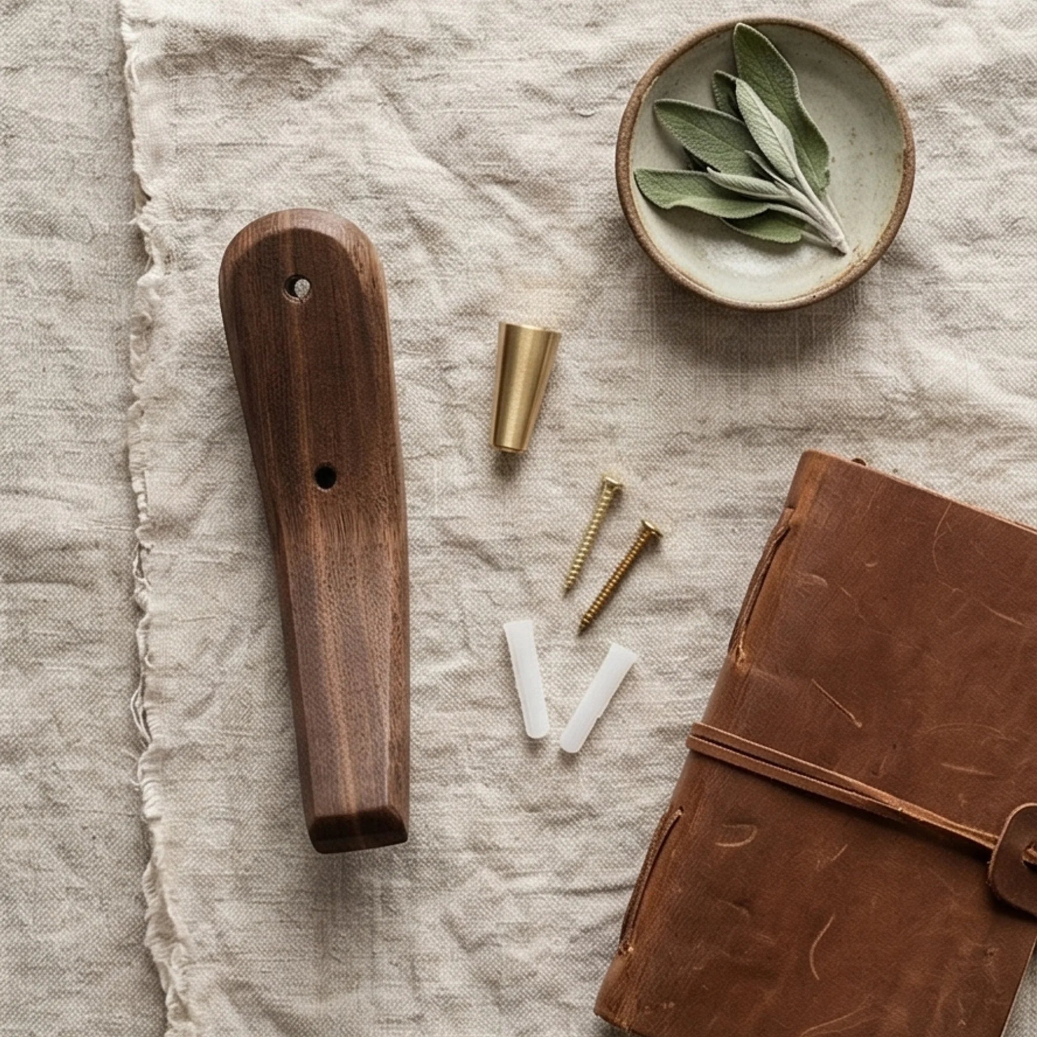 Solid Wood Wall Hook with Brass Peg for Coats and Keys — overhead flat-lay on linen surface