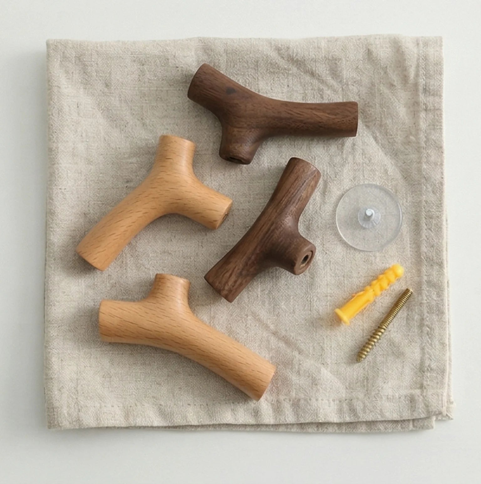 Solid Wood Branch Wall Hook - Rustic Natural Design for Clothes & Accessories — overhead flat-lay on undyed linen surface
