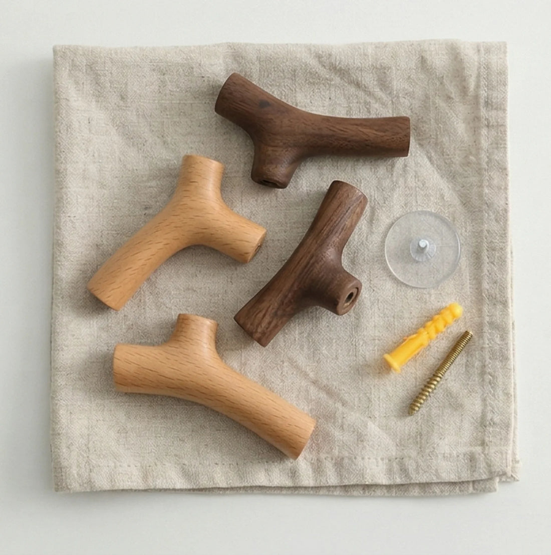 Solid Wood Branch Wall Hook - Rustic Natural Design for Clothes & Accessories — overhead flat-lay on undyed linen surface