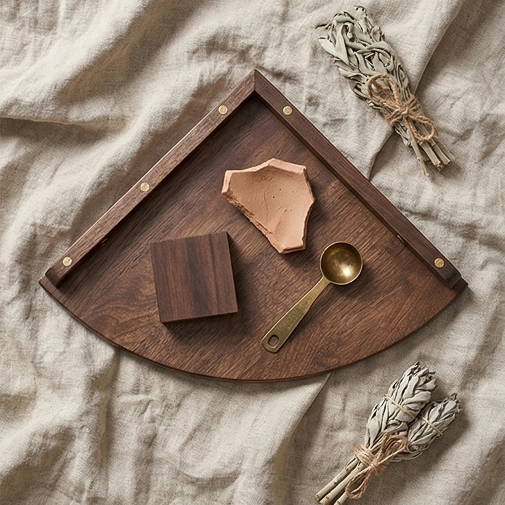 Solid Wood Corner Wall Shelf for Kitchen, Living Room, and Study — overhead flat-lay on linen surface