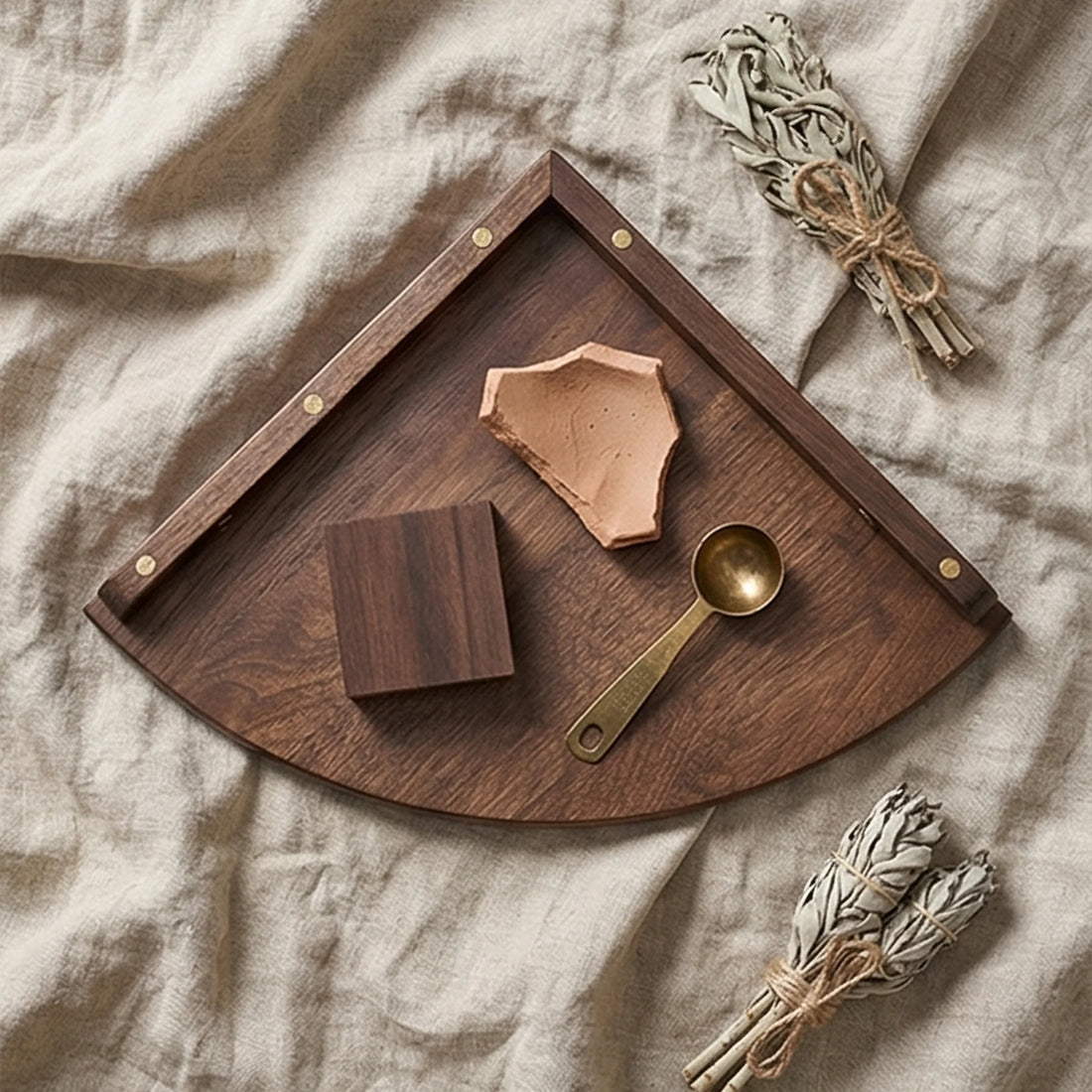 Solid Wood Corner Wall Shelf for Kitchen, Living Room, and Study — overhead flat-lay on linen surface
