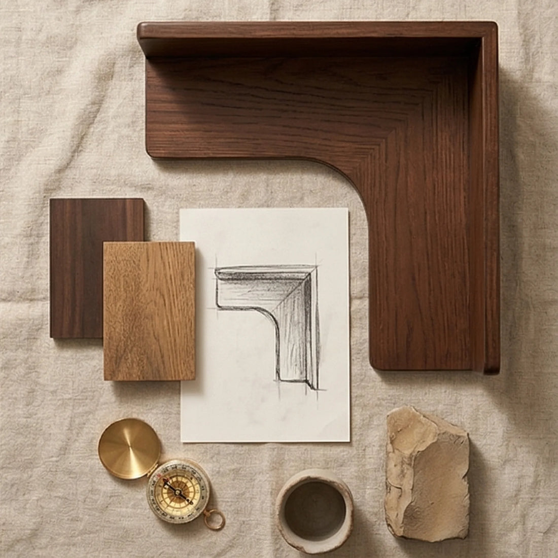 Solid Wood Corner Shelf L-Shaped Rotatable Wall Mounted Storage Rack — overhead flat-lay on linen surface