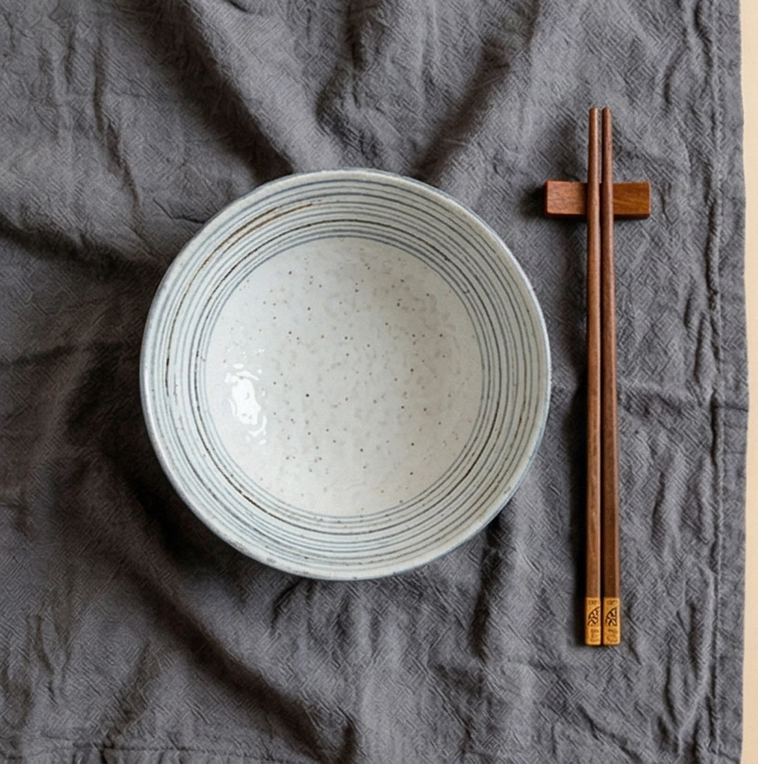 Japanese Style Ceramic Tableware Set - Shino/Wabi-sabi Bowls and Plates — overhead flat-lay on undyed linen surface