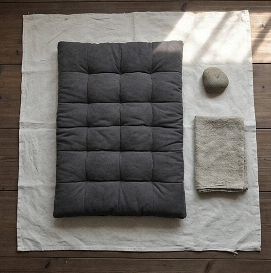 Quilted Linen Bay Window Cushion Mattress for Living Room — overhead flat-lay on undyed linen surface