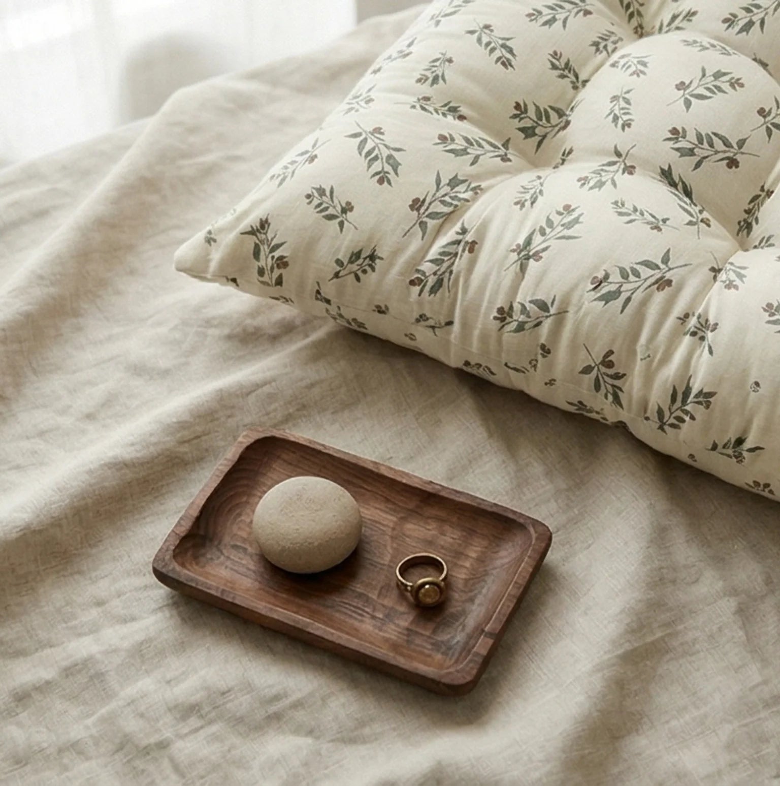 Milky Garden Floral Pattern Soft Cushion/Floor Mat for Kids Room — overhead flat-lay on undyed linen surface