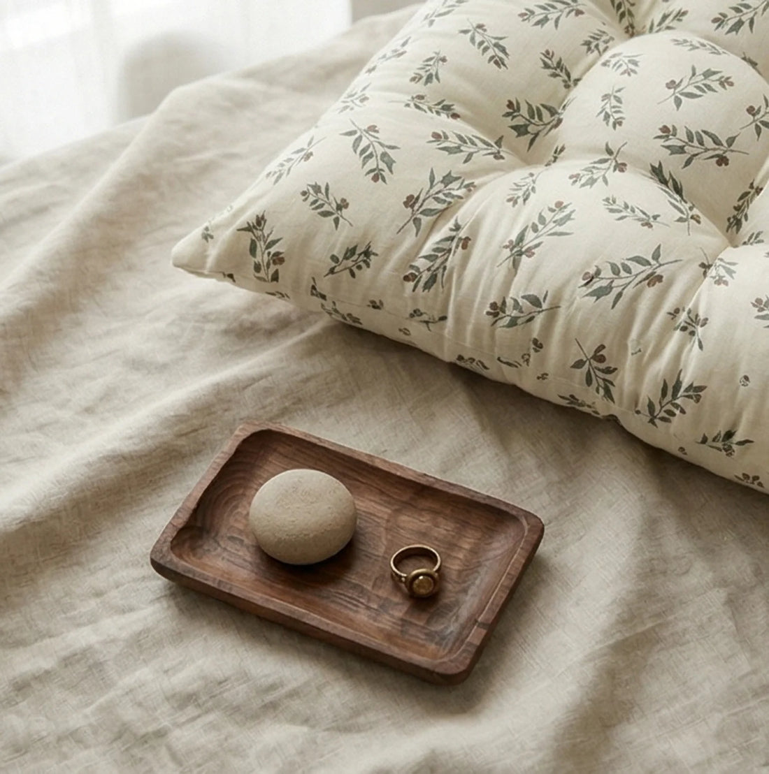 Milky Garden Floral Pattern Soft Cushion/Floor Mat for Kids Room — overhead flat-lay on undyed linen surface
