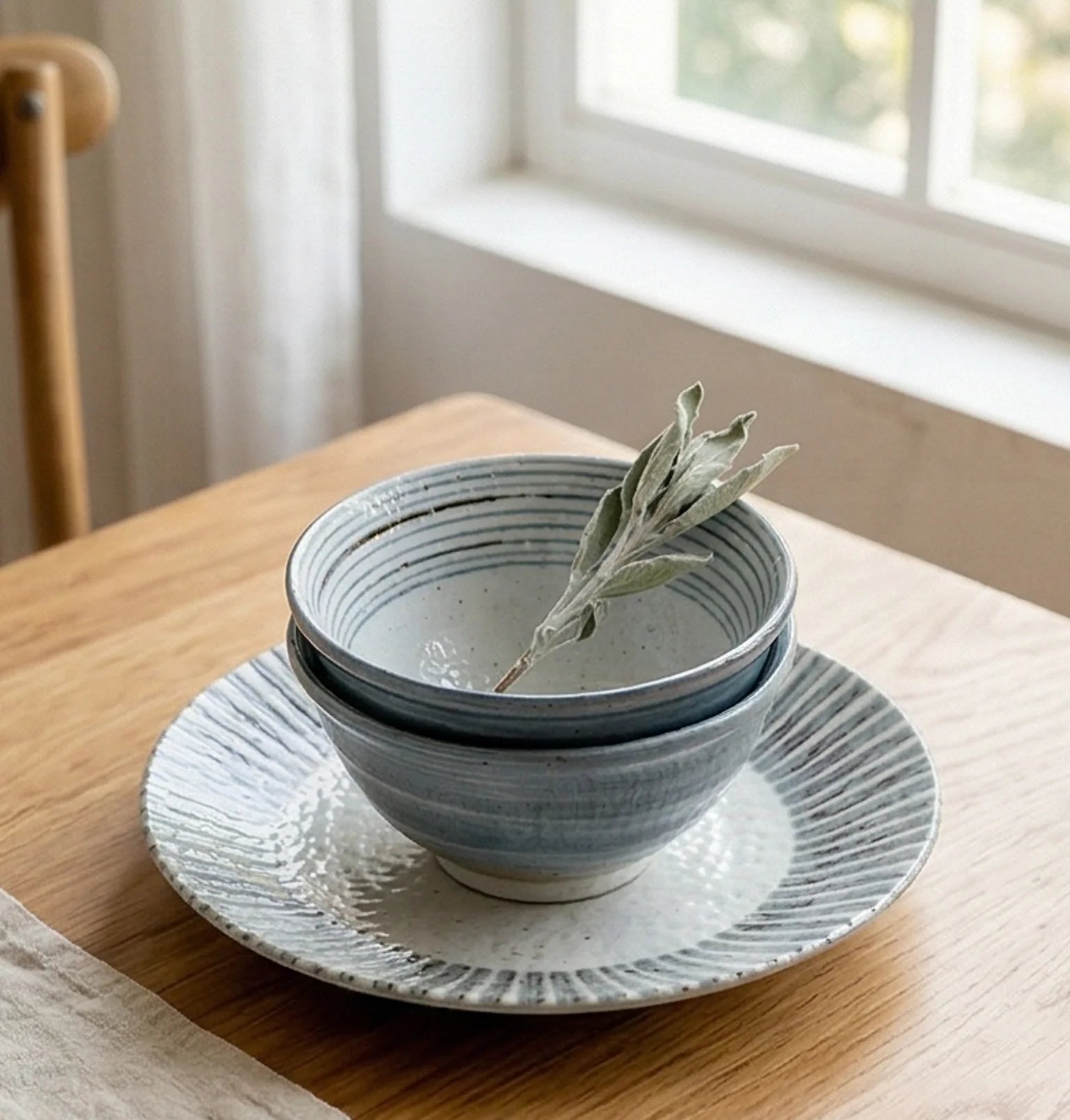 Japanese Style Ceramic Tableware Set - Shino/Wabi-sabi Bowls and Plates — lifestyle dining or shelf scene with natural props