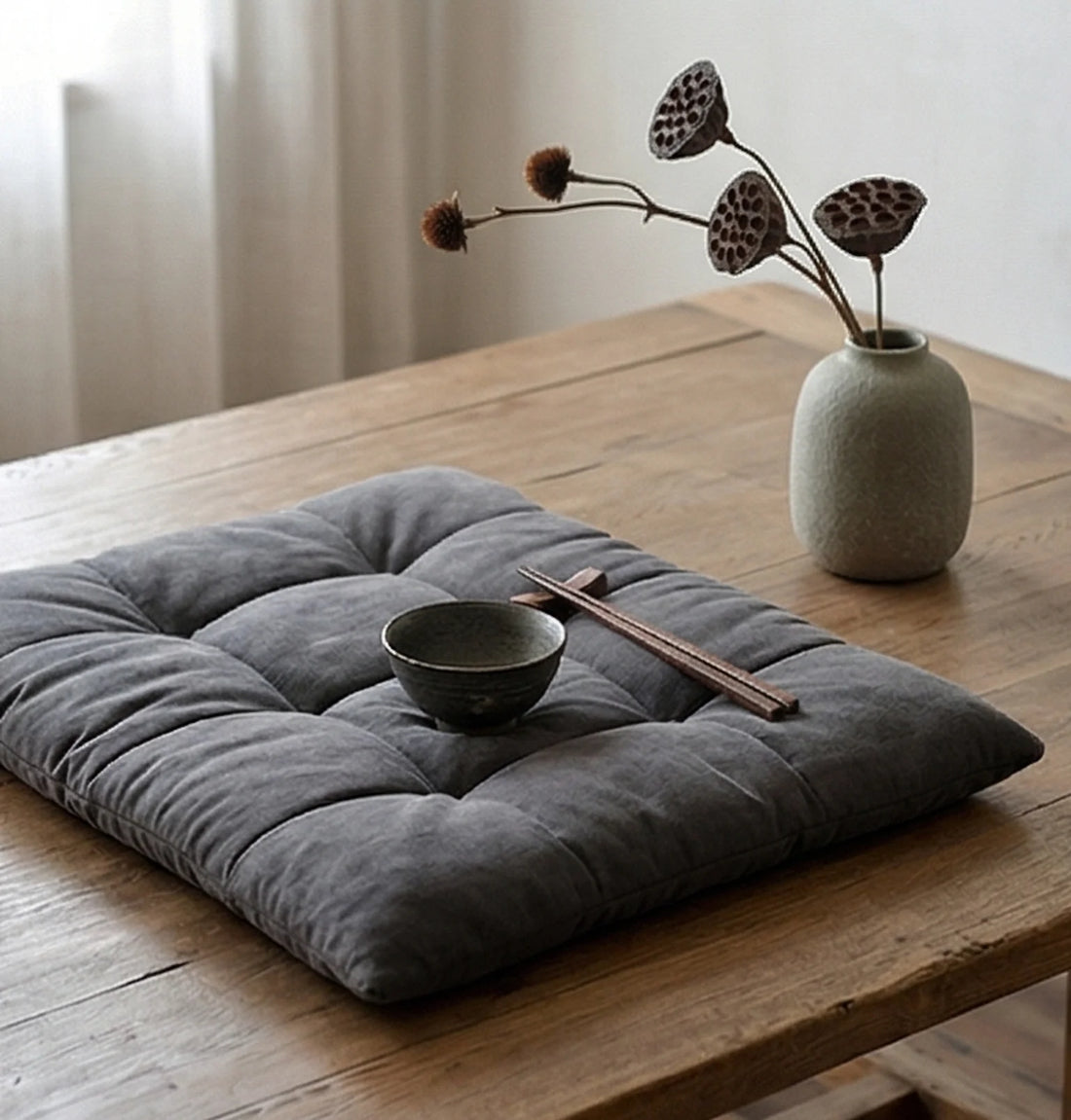 Quilted Linen Bay Window Cushion Mattress for Living Room — lifestyle dining or shelf scene with natural props