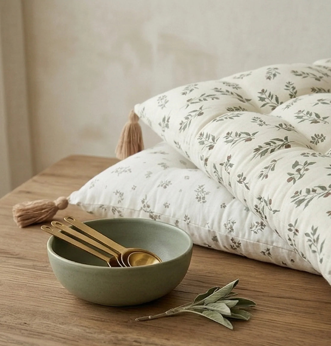 Milky Garden Floral Pattern Soft Cushion/Floor Mat for Kids Room — lifestyle dining or shelf scene with natural props