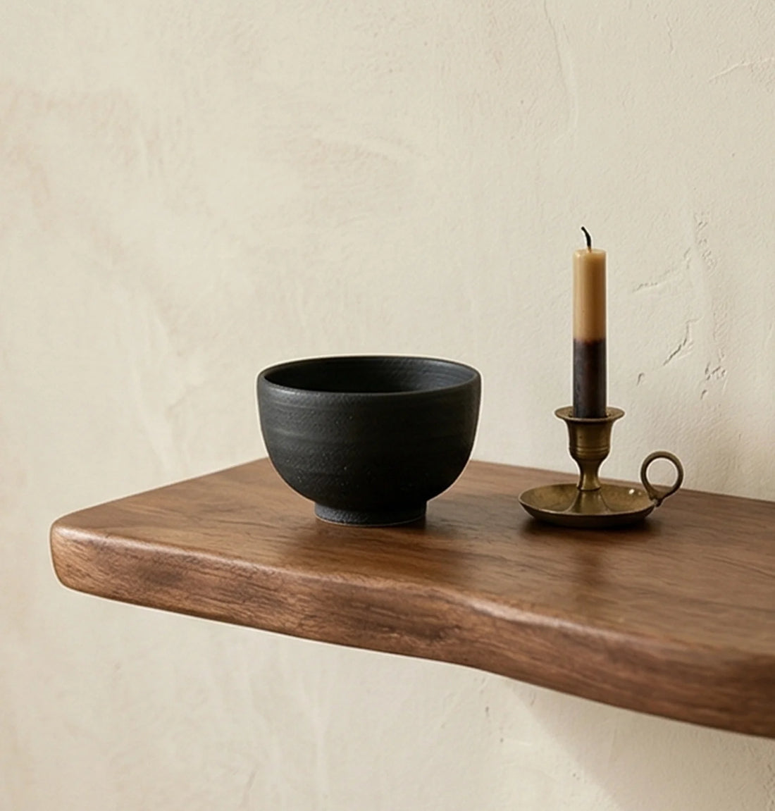 Solid Wood Floating Wall Shelf with Natural Irregular Edge — lifestyle dining or shelf scene with natural props