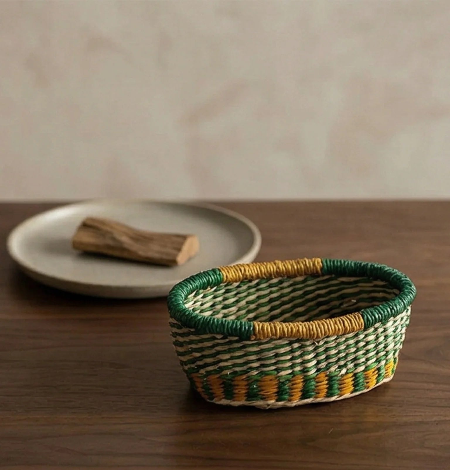 Hand-Woven Sea Grass Storage Baskets - Natural & Colorful — lifestyle dining or shelf scene with natural props
