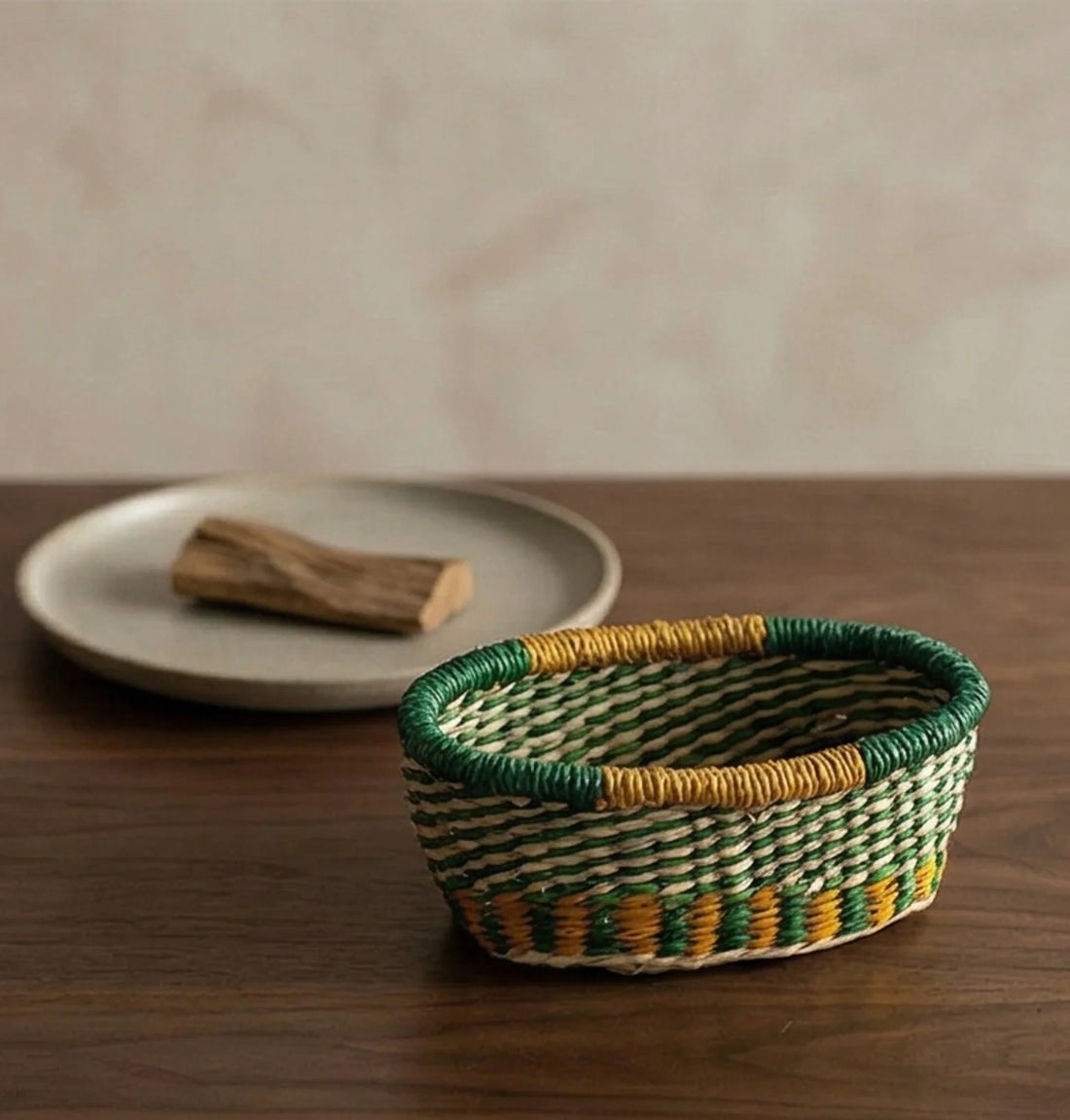 Hand-Woven Sea Grass Storage Baskets - Natural & Colorful — lifestyle dining or shelf scene with natural props