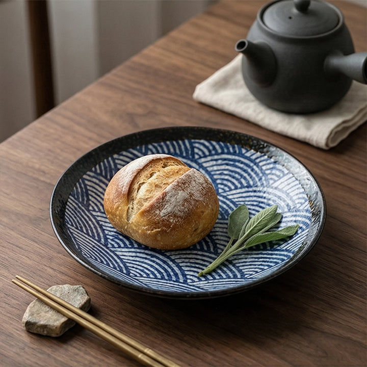 Japanese Style Ceramic Plate Bowl Set - Blue Wave Pattern Tableware — lifestyle dining table scene with natural props