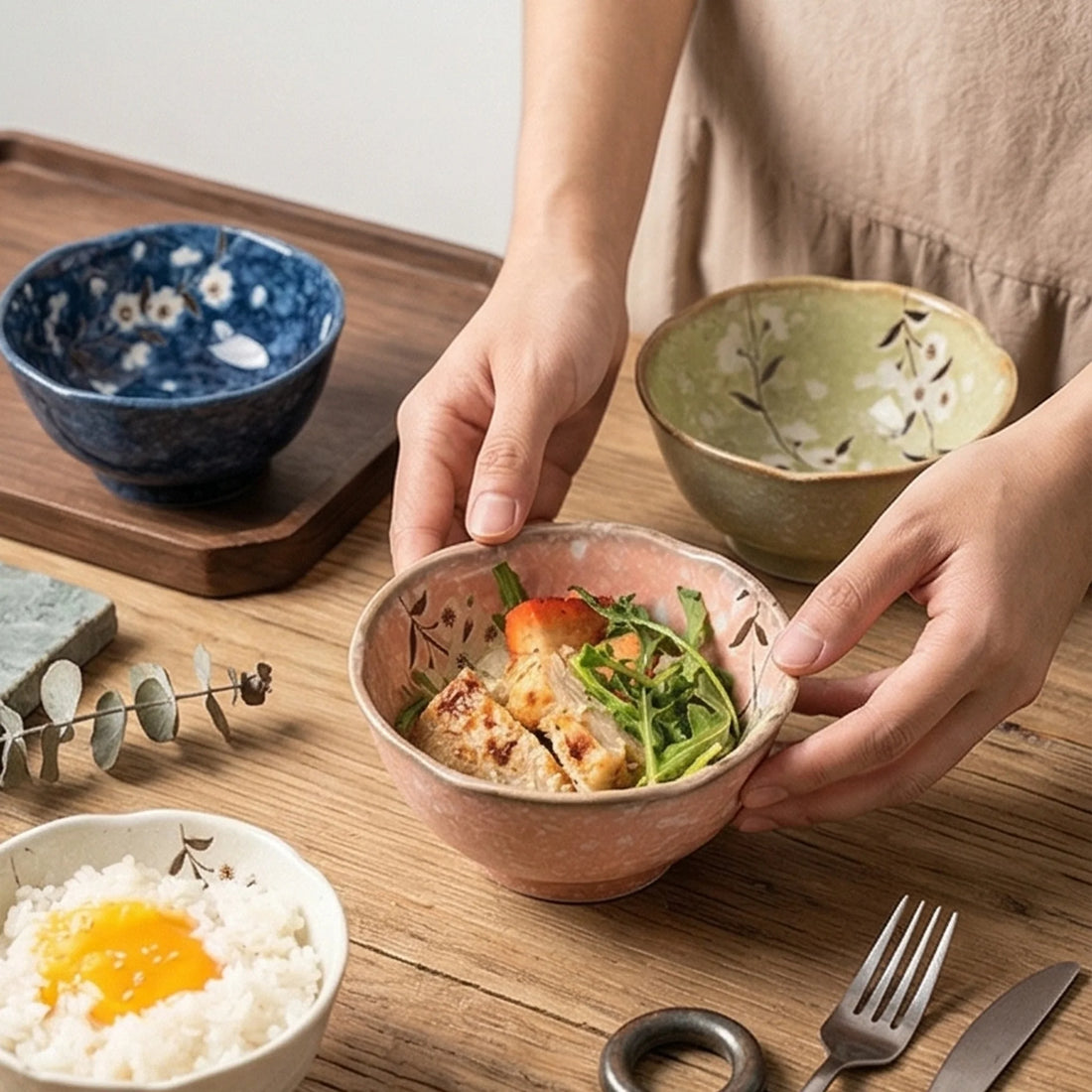 Japanese Style Ceramic Rice Bowls Set of 4 - Hand-Painted Floral & Wave Patterns — lifestyle dining table scene with natural props