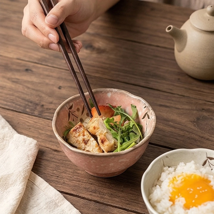 Japanese Style Ceramic Rice Bowls Set - Hand-Painted Floral & Wave Patterns — lifestyle dining table scene with natural props