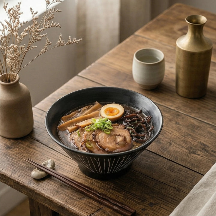Japanese Mino Ware Ceramic Ramen Bowl with Underglaze Pattern - Large Soup/Noodle Bowl — lifestyle dining table scene with natural props