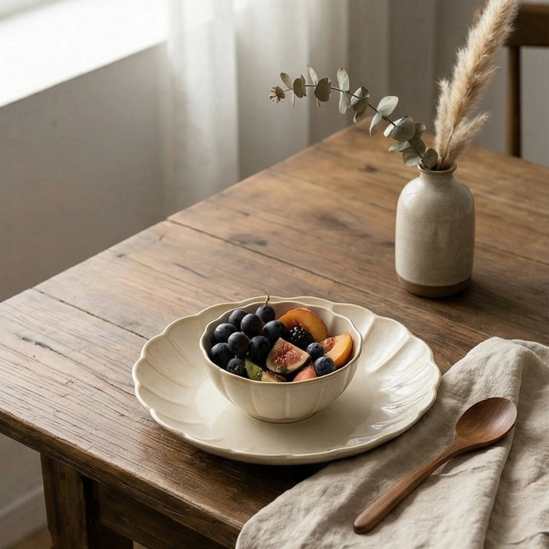 Scalloped Edge Ceramic Plate | Japanese Style Underglaze Fruit & Salad Dish — lifestyle dining table scene with natural props